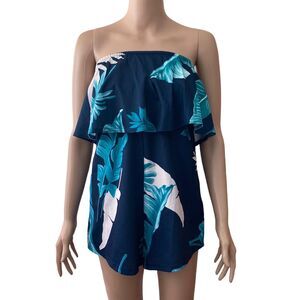 Romper Shorts One Piece Multicolored Floral Blue Green Strapless Womens Small